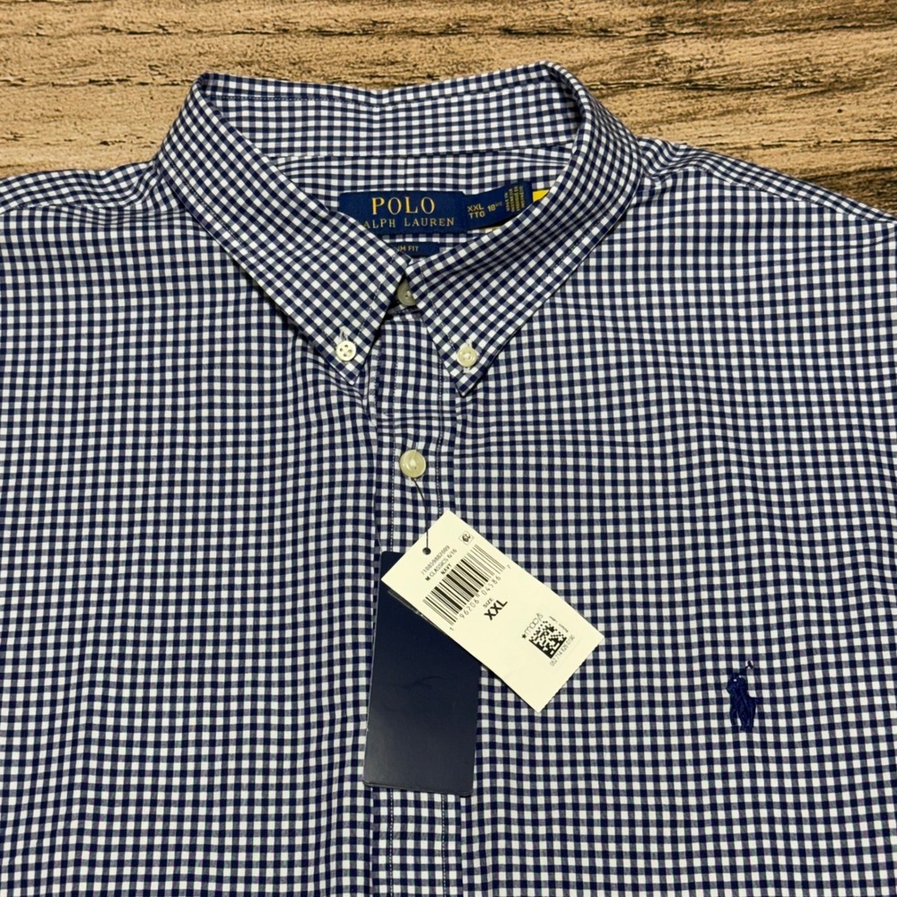 Polo Ralph Lauren Button Down Men XXL Navy Gingham Slim Fit Stretch Poplin Shirt